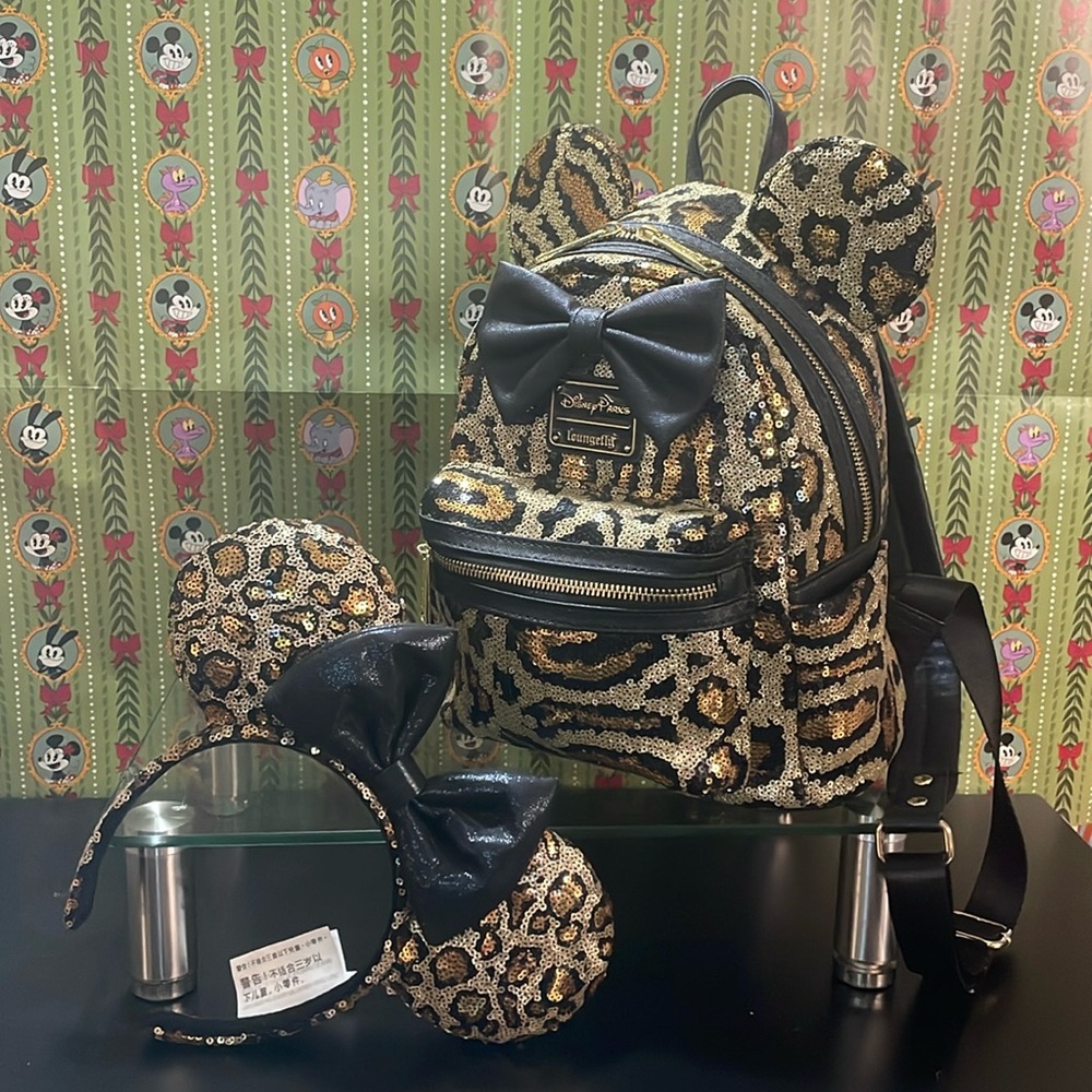 Disney Parks x Loungefly Leopard Sequin bag and ears set RETIRED